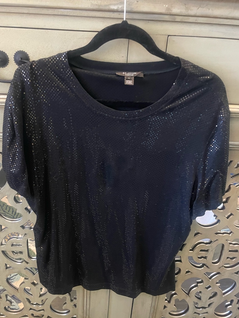 St. John Caviar Collection Black Sequin Short-Sleeve Knit Top
